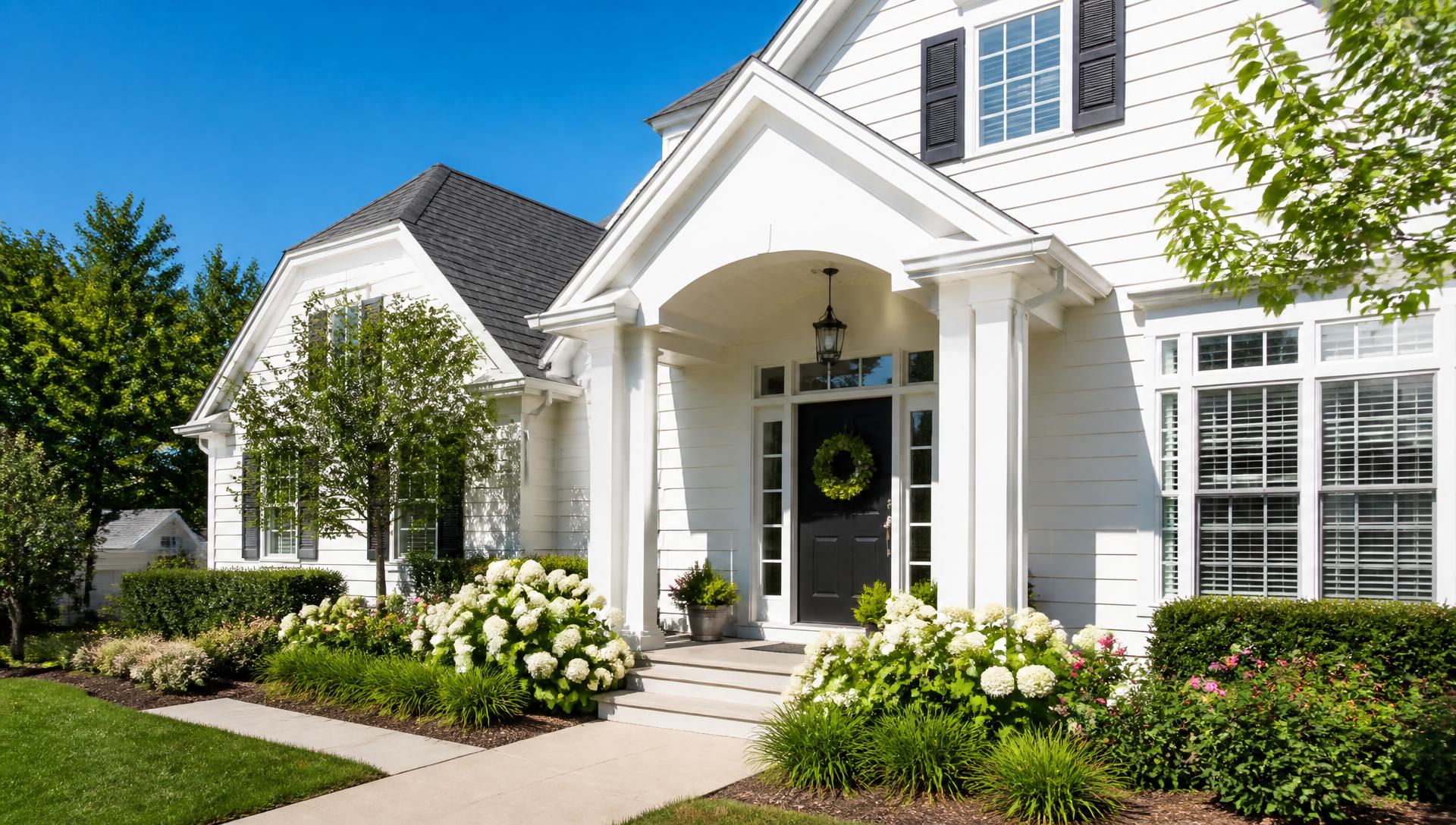 Freshly cleaned white home exterior on a bright sunny day