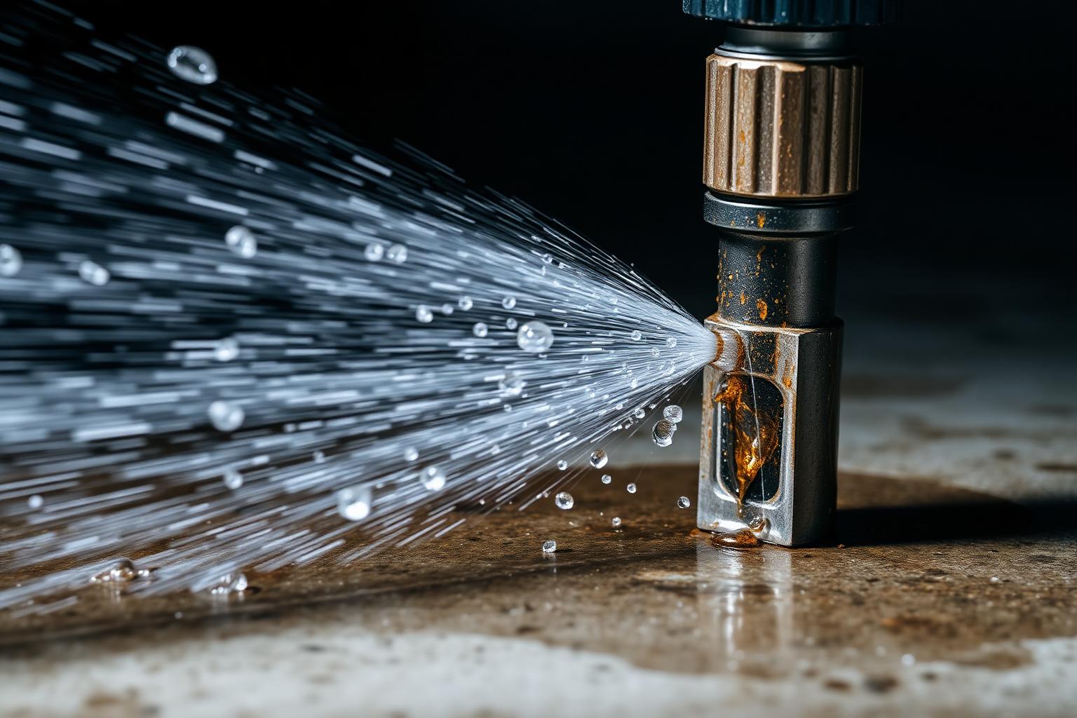 Close-up of a pressure washer nozzle cleaning dirty concrete